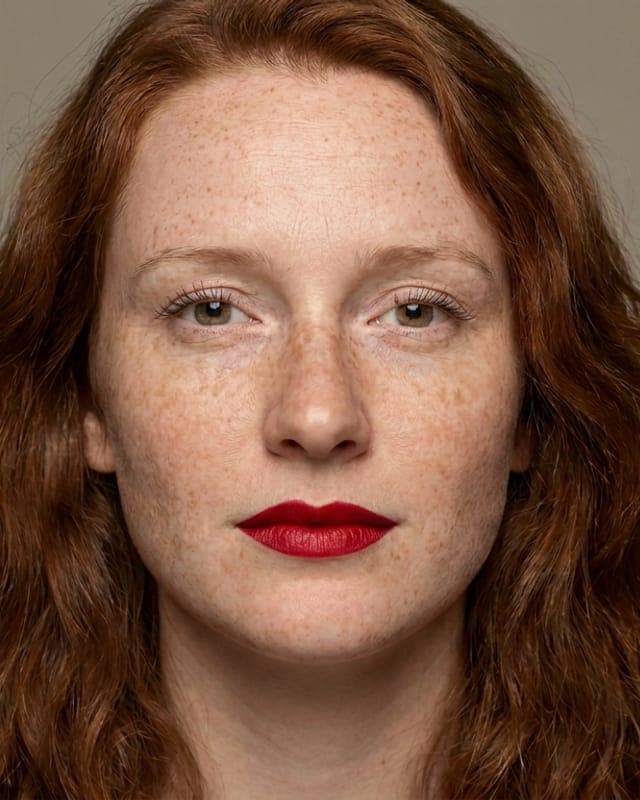 The same person with an AI-generated classic red lip look applied